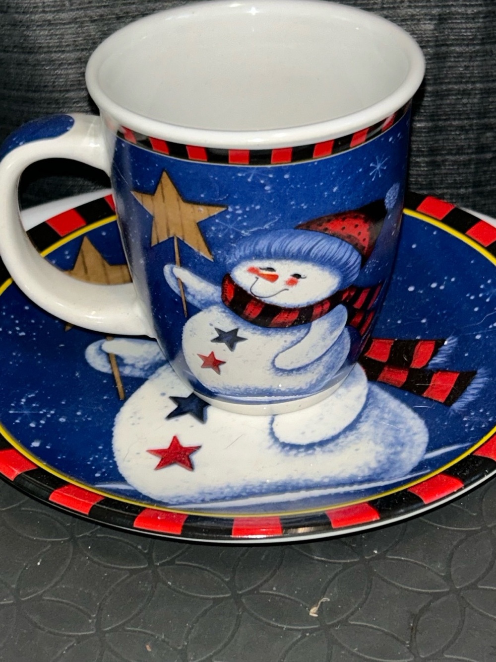 But 3 items 20% off Holiday Snowman Mug and Saucer Set - Blue GC